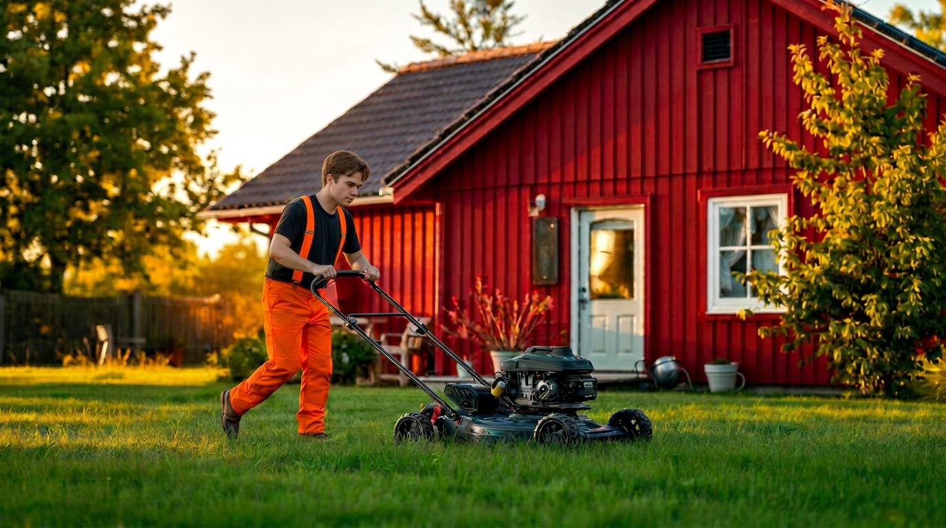 Trädgårdsmästare klipper gräset framför ett rött hus